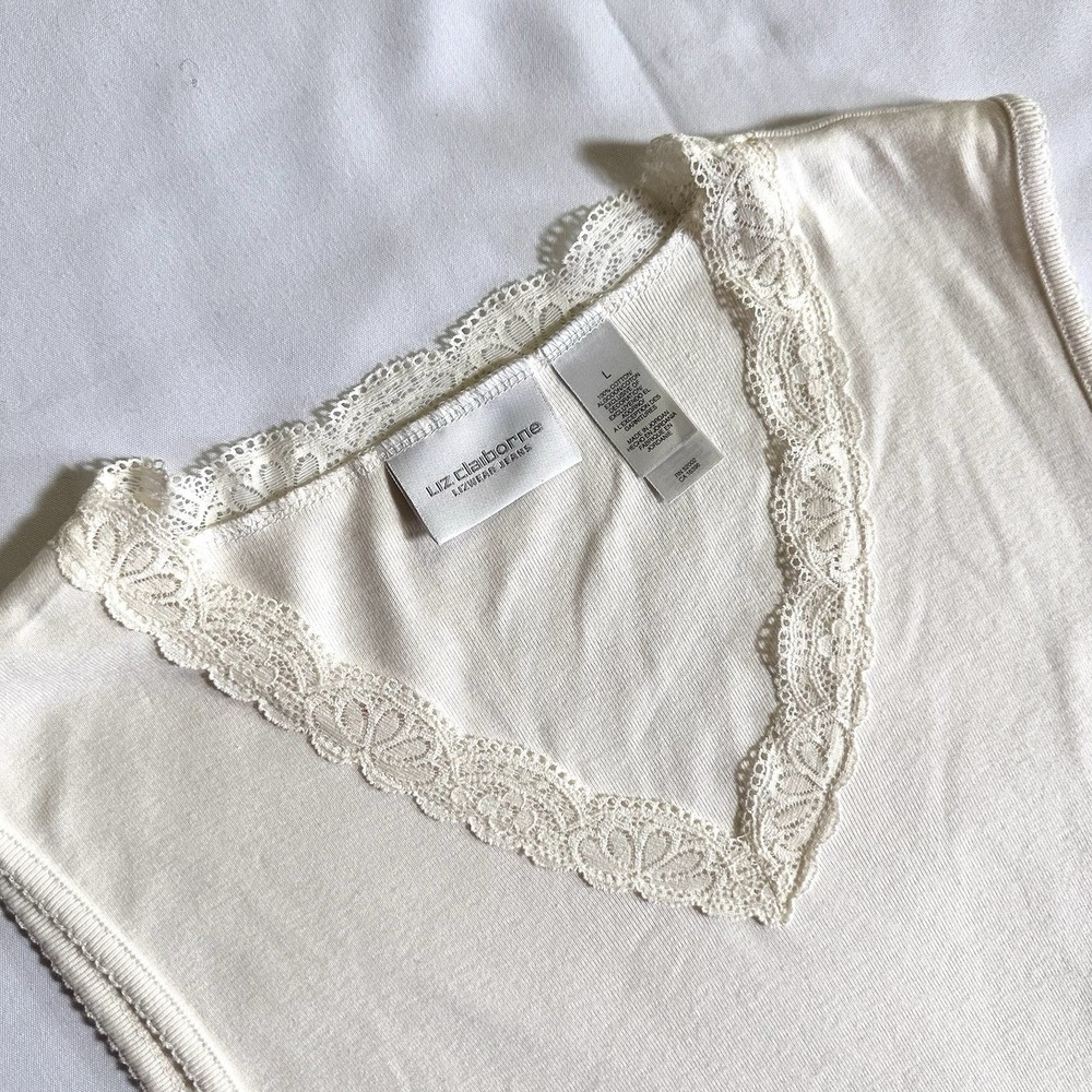 Vintage Y2K Liz Claiborne Lace‎ Trimmed V-Neck Cream Cotton Knit Tank Top Picot